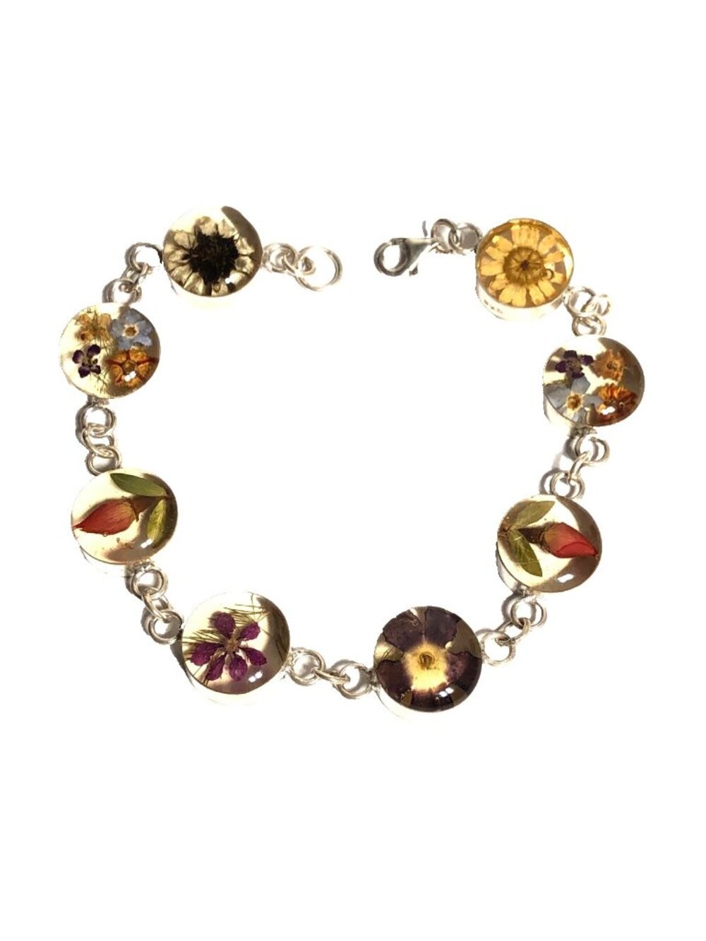 Flowers in Resin Sterling Silver 925 Link Vintage Bracelet Estate Find 8"